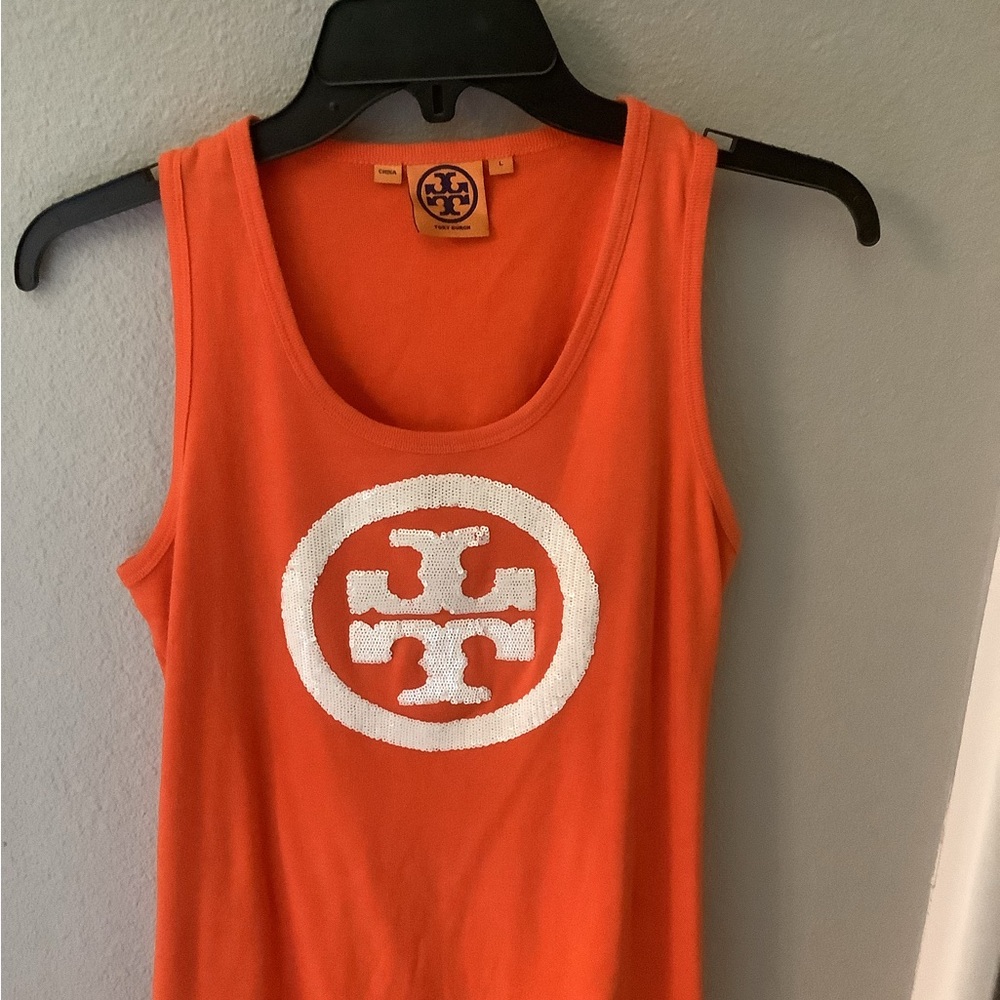 Tory Burch Orange Tank Top with sequin logo